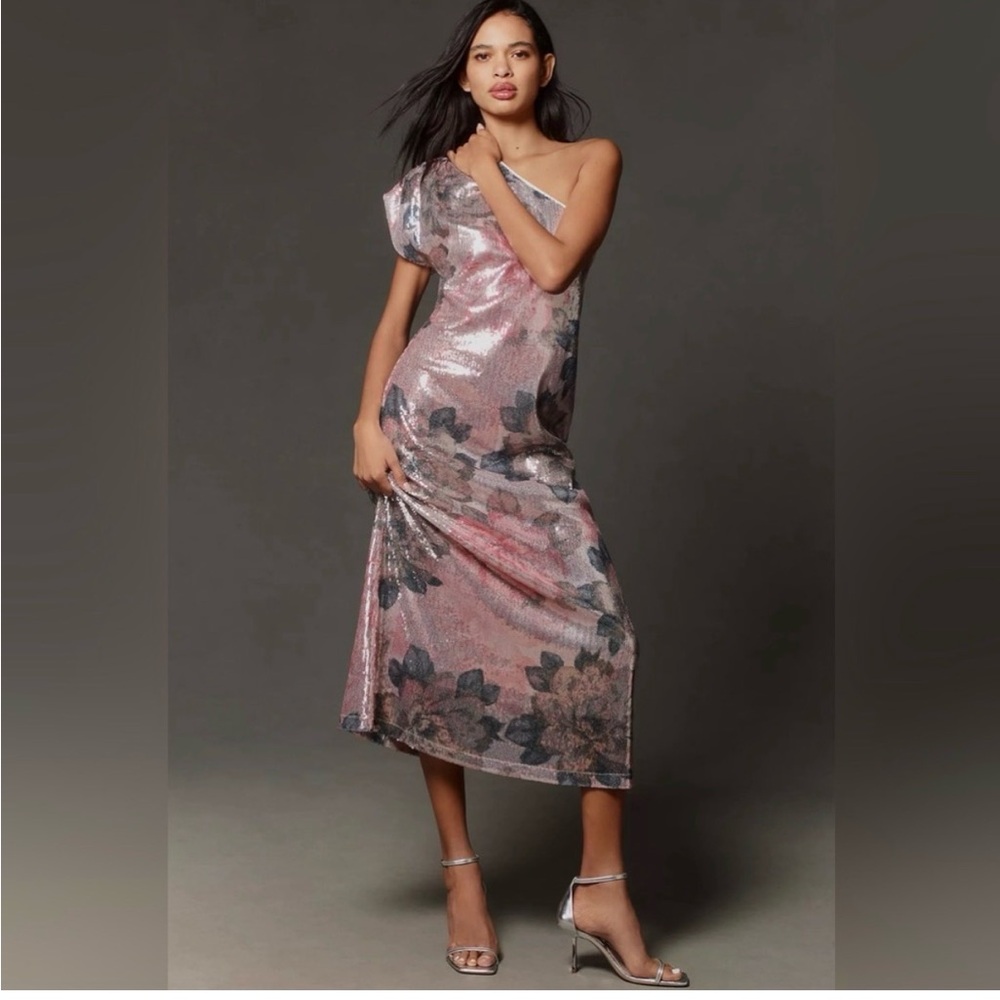 $198 NWT Anthropologie PORRIDGE
One Shoulder Sequin Floral Maxi
Dress, Size SP